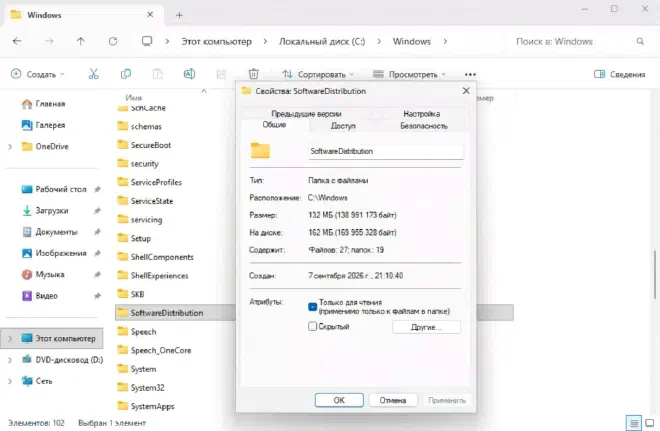 Свойства SoftwareDistribution: 132 МБ