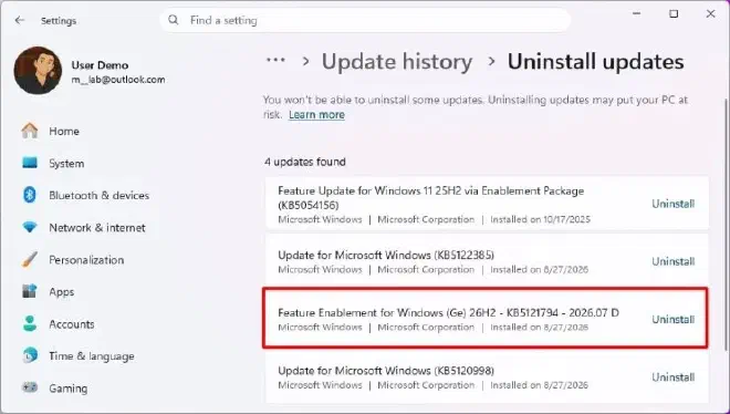 Удаление пакета KB5121794 — откат enablement package 26H2