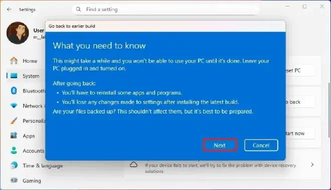 Экран с информацией об откате Windows 11