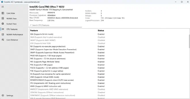 Вывод Coreinfo от Sysinternals: поддерживаемые наборы инструкций процессора помечены звёздочкой — среди них SSE4.2 и POPCNT