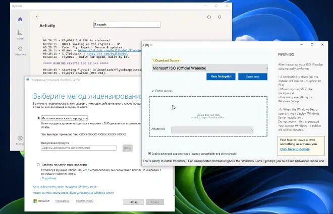 Окно FlyOOBE: патч ISO и режим обхода; сзади открыт установщик Windows Server