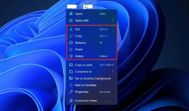 Список частых действий в новом контекстном меню Windows 11