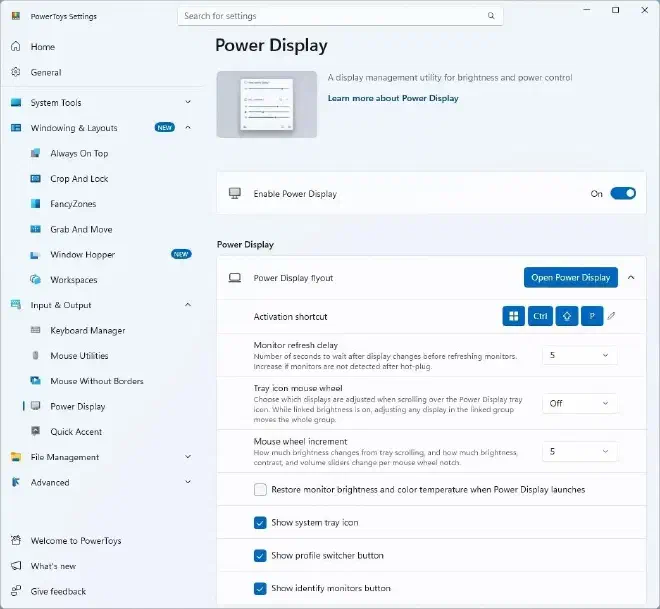 Настройки Power Display в PowerToys