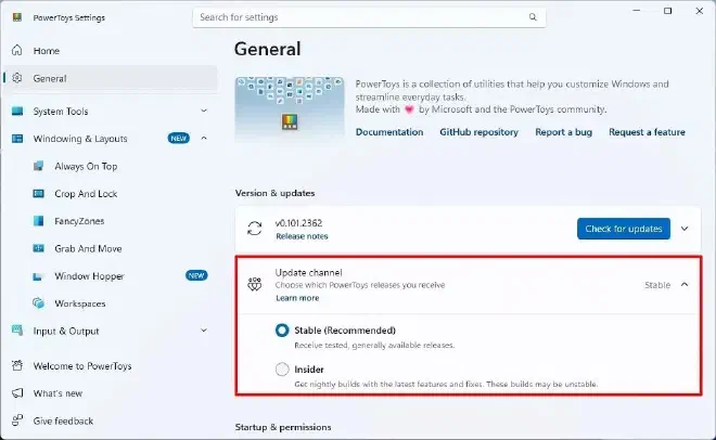Каналы обновлений PowerToys: Stable и Insider