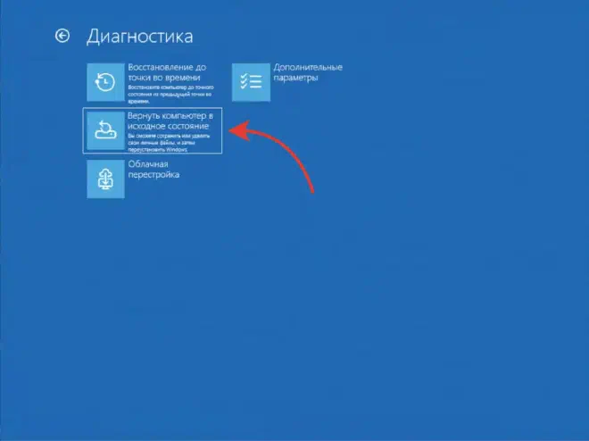 Диагностика: «Вернуть компьютер в исходное состояние»