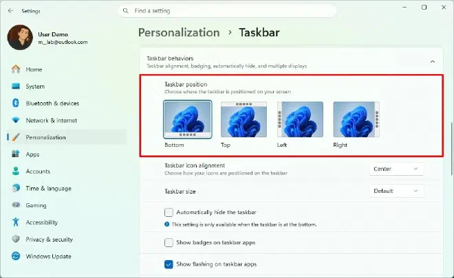 Настройка положения панели задач в Windows 11