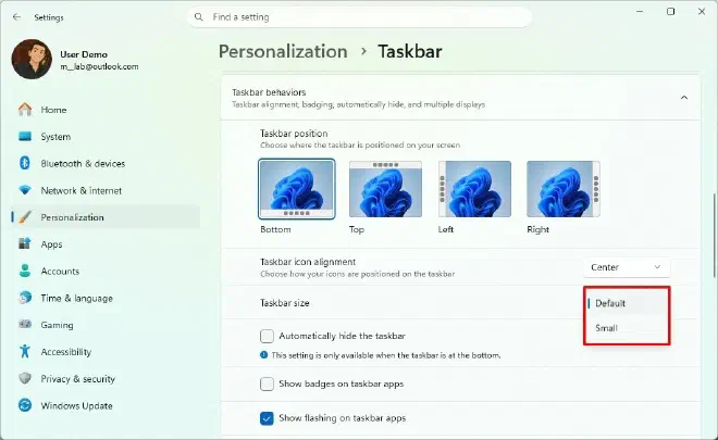 Настройка размера панели задач в Windows 11