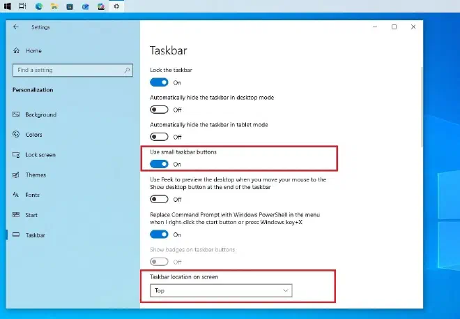 Настройки расположения панели задач в Windows 10