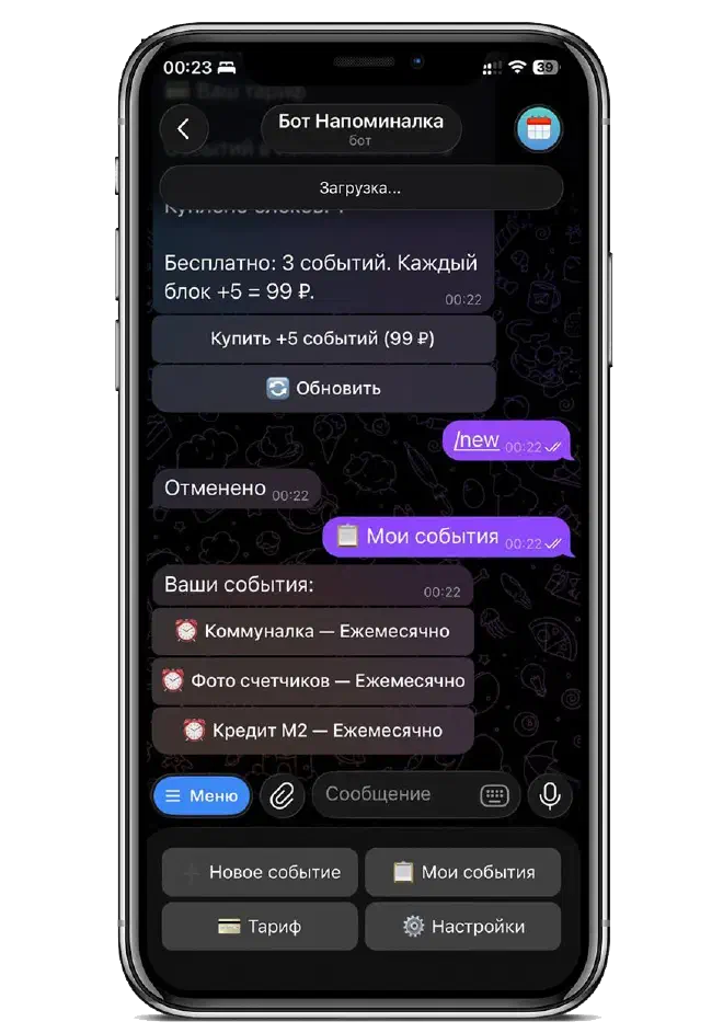 Список созданных событий