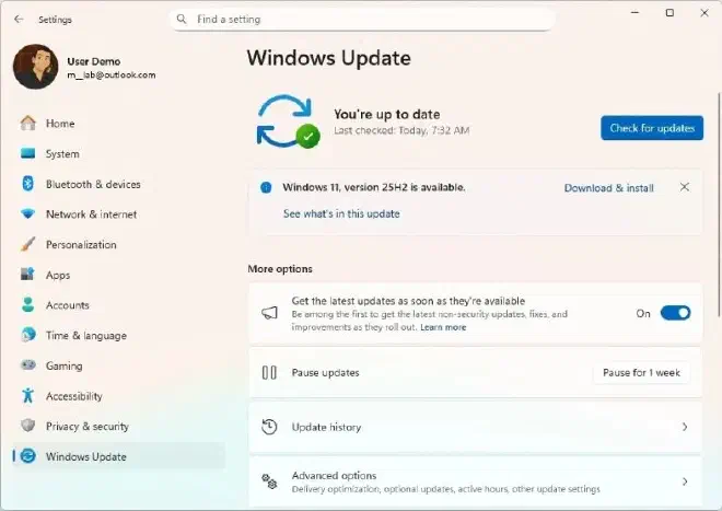 Центр обновления Windows с предложением установить 26H2